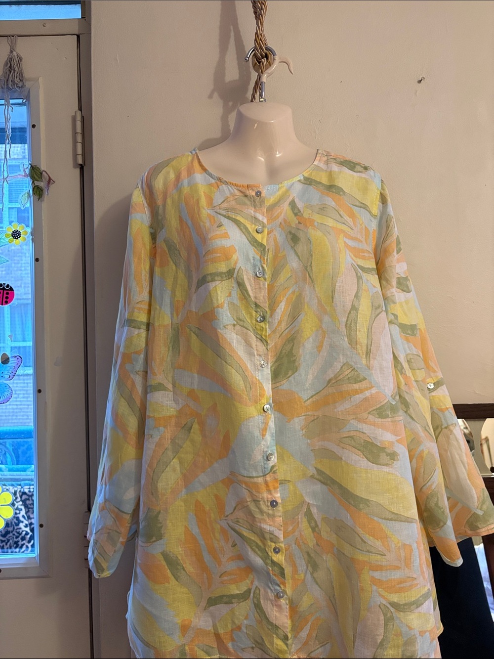 Rachel Zoe Pastel Leaf-Print Button-Down Shirt in Yellow, Green, Blue. Linen